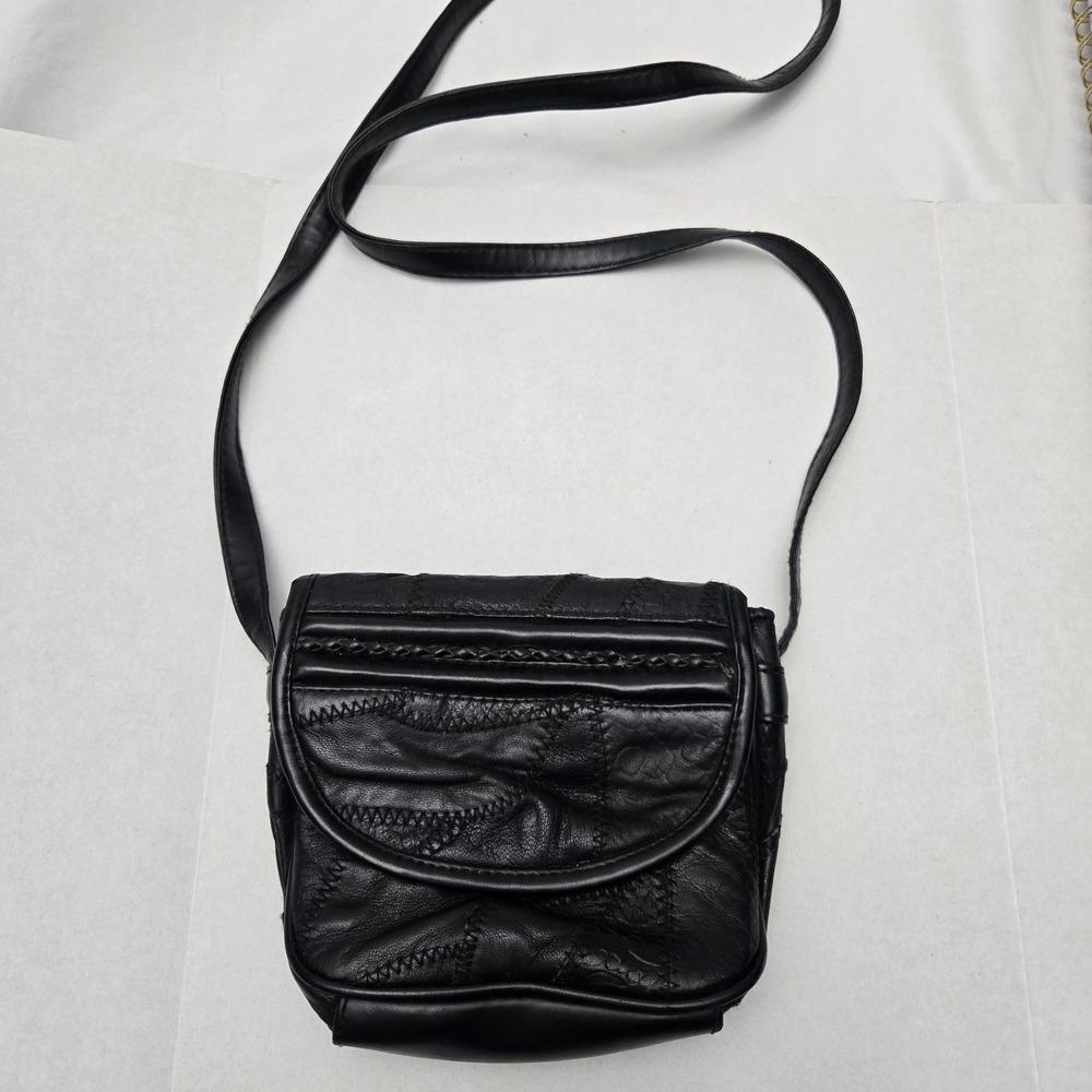 Mini Black Faux Leather Patchwork Crossbody Purse Boho Hippie 70s Steampunk